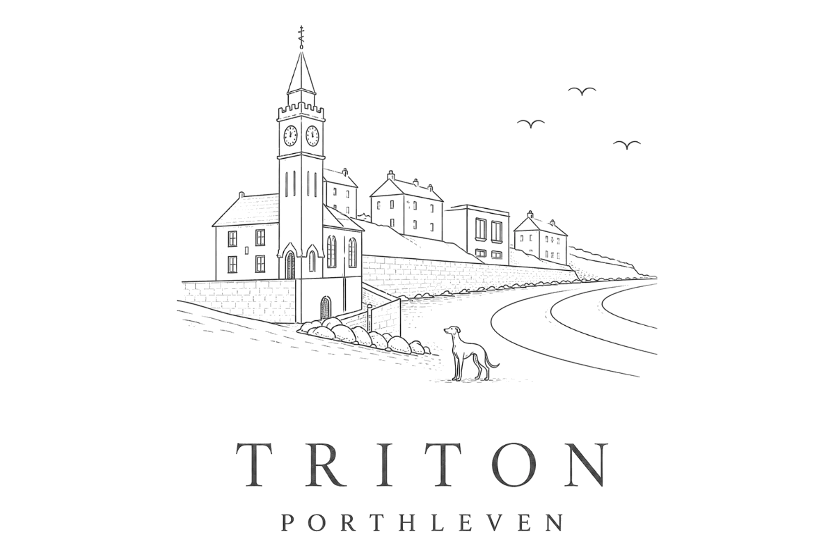 Triton Porthleven logo: line drawing of the harbour clock tower, cottages and a dog on the beach